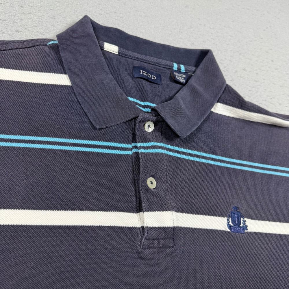 IZOD Mens XL Polo Shirt Navy Blue Striped Short Sleeve Cotton Pique Crest Logo